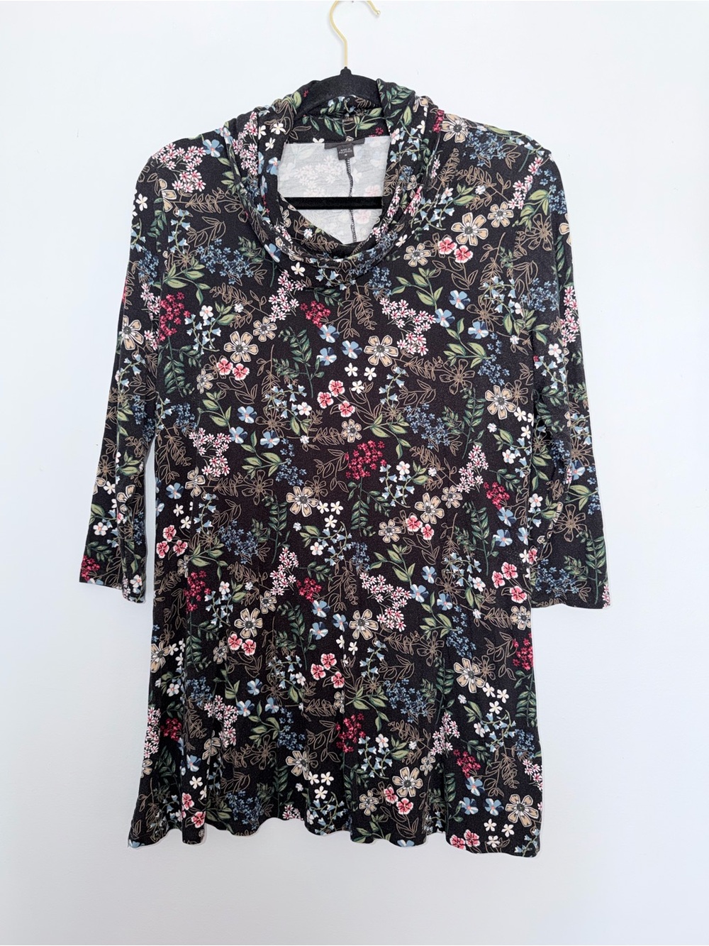 J Jill Wearever Womens Black Floral Cowl Neck Tunic 3/4 Sleeve Women's L  B0007